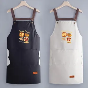 Waterproof Oil Proof Kitchen Apron Pockets Wipe Hand Towels Cartoon Print Korean Fashion Cooking Apron For Women