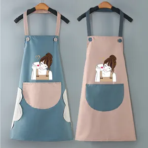 Waterproof kitchen apron with pockets and wiping towel patches for home cooking.