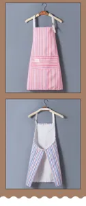 Kitchen apron detail view, striped canvas breathable cooking workwear for home use.