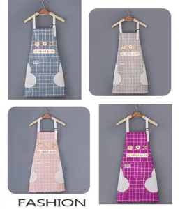 Waterproof kitchen apron with wipe hands pockets, cute grid pattern cooking bib for women adults.