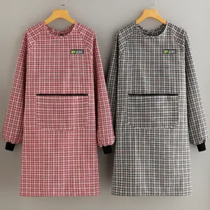 Long Sleeve Cotton Plaid Apron Kitchen Cooking Waterproof Breathable Working Smock With Pockets For Women Men Home