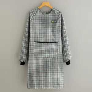 Long sleeve plaid kitchen apron breathable cotton housework cooking work smock for women