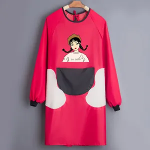Long sleeve waterproof apron detail showing red fabric, black cuffs, and cartoon graphic.