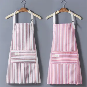 Nordic minimalist striped canvas kitchen apron with front pocket, breathable cooking workwear