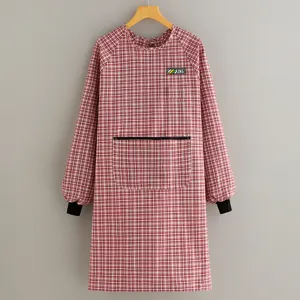 Long sleeve plaid apron for home kitchen cooking, breathable and oil-proof work wear.