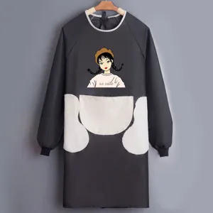 Waterproof long sleeve apron detail with cute cartoon girl print and cozy pockets for cooking.