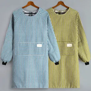 Long Sleeve Cotton Linen Apron Kitchen Household Smock Anti-Fouling Workwear Cooking Overalls With Pockets For Adults