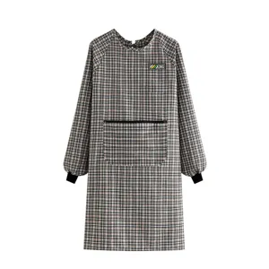 Long sleeve plaid kitchen cooking apron breathable cotton oil-proof work clothes for women men