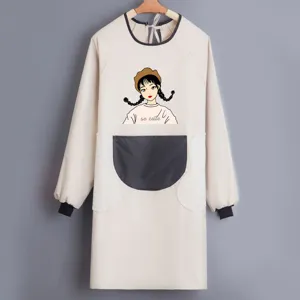 Long sleeve waterproof apron for cooking kitchen work, cute cartoon graphic design pocket.