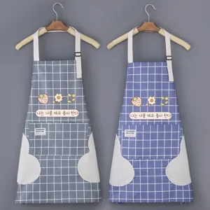 Wipeable hand kitchen apron waterproof anti-oil cute plaid adult cooking work clothes women