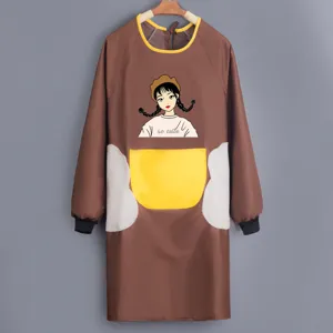 Brown waterproof long sleeve apron with cute cartoon girl print and cozy fleece pocket details.