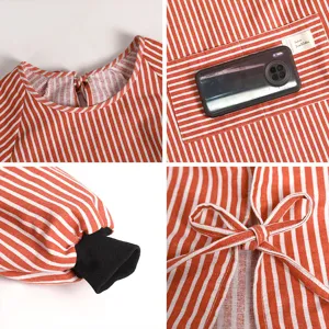 Red white striped cotton linen apron long sleeve kitchen cooking workwear pocket cuff