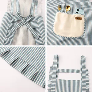 Women cotton linen kitchen apron with wiping hand pocket blue white stripe pastoral style housework