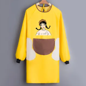 Waterproof long sleeve apron with cartoon print, fuzzy side pockets, kitchen cooking smock.