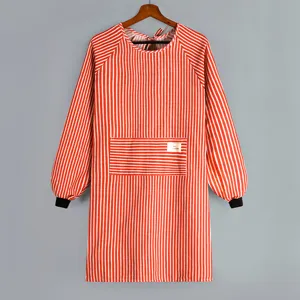 Long sleeve red white striped kitchen apron cotton linen household working smock for women