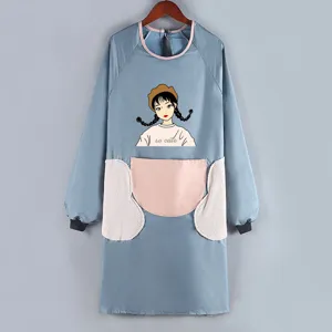 Long sleeve waterproof kitchen cooking apron with cute cartoon print and front pockets.