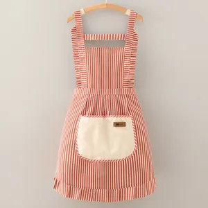 Women cotton linen striped kitchen apron with ruffles pocket pastoral style home cooking wear
