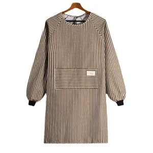 Long sleeve cotton linen apron kitchen housework cooking smock brown striped workwear