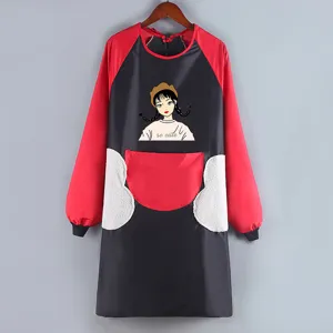 Long-sleeve waterproof kitchen apron with cute cartoon graphic, red and black color block.