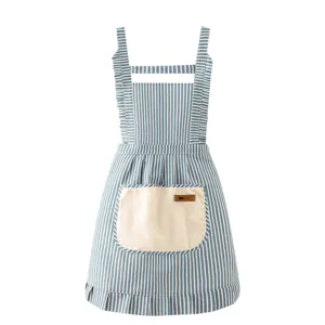 Women blue white striped cotton linen apron cute ruffle kitchen cooking bib waist dress