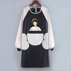 Long sleeve waterproof apron with cute cartoon girl print and warm fleece pockets for cooking.