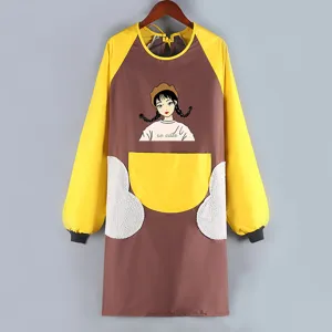 Long sleeve waterproof cooking apron for adults cute cartoon print kitchen work coverall