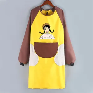 Detailed view of long sleeve waterproof kitchen apron with cute cartoon print and pockets.