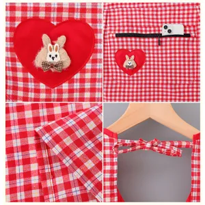 Red plaid kitchen apron with cute rabbit plush heart pocket and zipper pocket for home cooking.