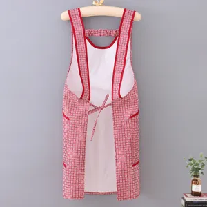 Waterproof kitchen apron with red and white grid pattern, durable oilproof housework smock.