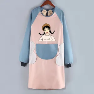 Waterproof long sleeve cooking apron for adults with cute cartoon girl print and handy pockets.