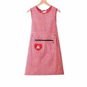 Red and white plaid kitchen apron with zipper pocket and cute heart bunny patch design.