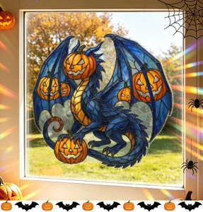Stained glass style Halloween dragon window cling with pumpkin heads and rainbow light