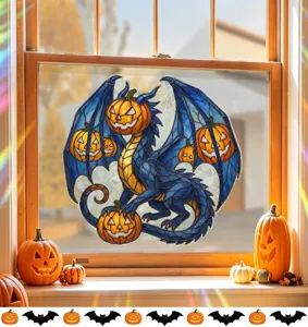 Detail view of stained-glass style dragon pumpkin window sticker on a glass pane