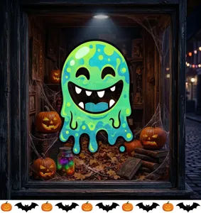 Nahaufnahme eines lächelnden grünen Geister-Fensteraufklebers für Halloween-Deko