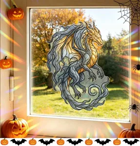 Detailed view of colorful dragon static window cling sticker for Halloween decor