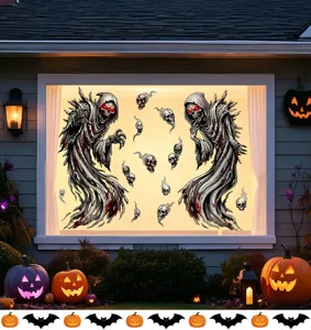 Stickers de fenêtre Halloween effrayants avec faucheuses et crânes décoratifs.