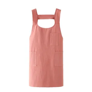 Japanese style cotton linen cross back apron with pockets pink cooking baking gardening smock