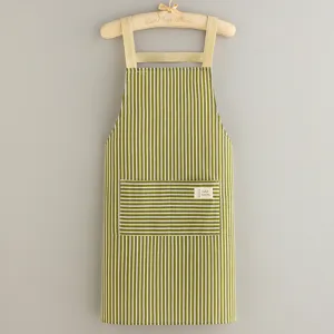 Green and white striped cotton linen kitchen apron with pocket, stylish home cooking bib.
