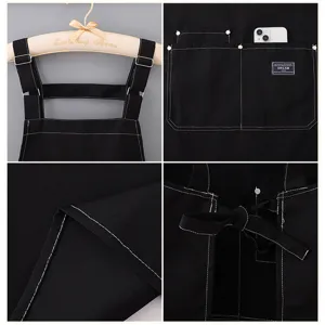 Black canvas work apron with adjustable straps and multi-pockets for kitchen gardening