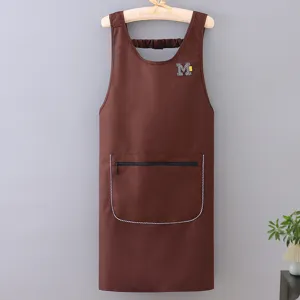 Brown sleeveless apron with zipper pocket kitchen cooking waterproof work clothes fashion