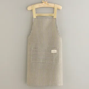 Cotton linen striped kitchen apron with large front pocket, adjustable straps for cooking.