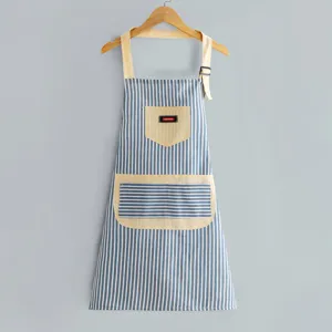Cotton linen striped kitchen apron with pockets adjustable neck strap for cooking and baking
