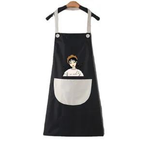 Grembiule da cucina nero impermeabile con grazioso motivo a cartone animato e tasca frontale.