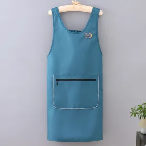 Sleeveless waterproof kitchen apron with zipper pocket, durable cooking workwear for home use.