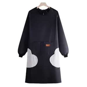Black long sleeve waterproof apron with pockets and wiping towel patches for kitchen cooking work.