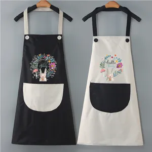 Waterproof PVC Kitchen Apron With Pocket Cute Rabbit Wreath Pattern Chef Cooking Working Apron For Women