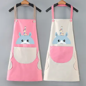 Waterproof kitchen apron with wipe hands towels, cute cartoon design for cooking housework.