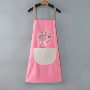 Cute pink kitchen apron with grey pocket, waterproof cooking workwear for women.