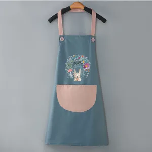 Waterproof kitchen apron for women, cute Japanese style cooking bib with pockets and lovely rabbit print.