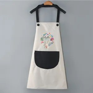 Waterproof kitchen apron with cute rabbit print, black pocket and straps, stylish home cooking workwear.